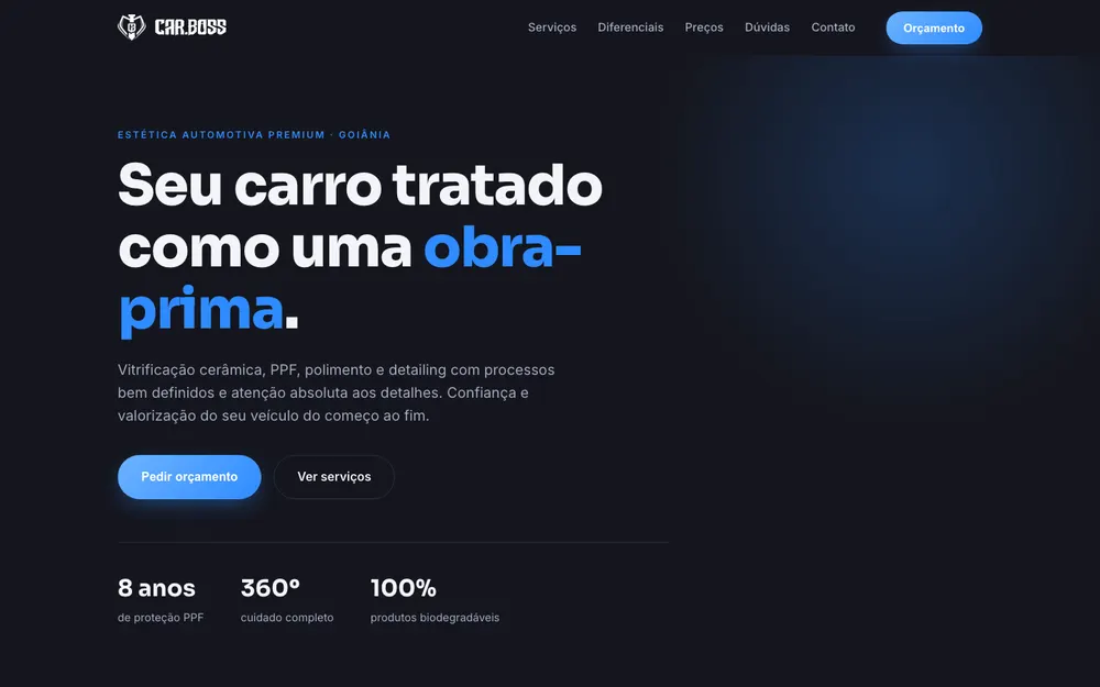 Exemplo de layout: site de estética automotiva, escuro, com destaque em azul