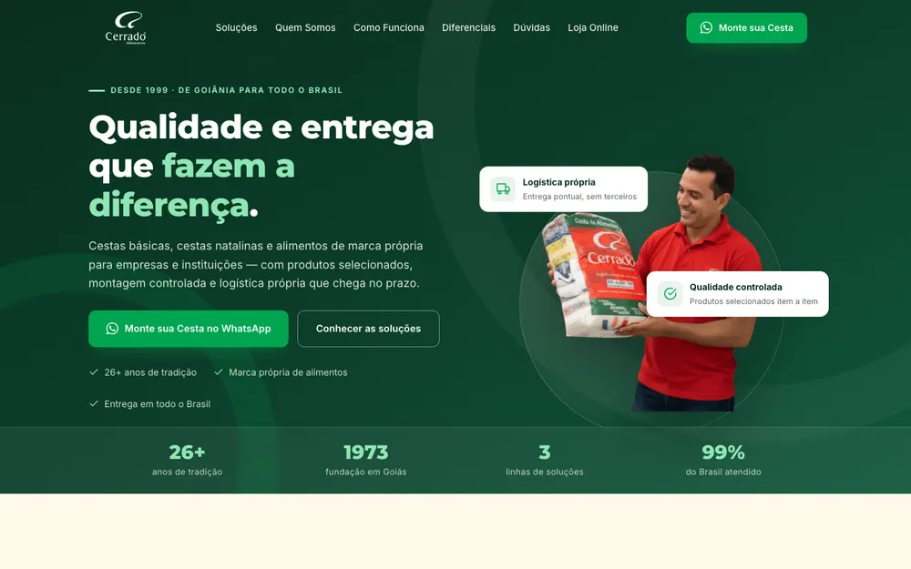 Exemplo de layout: site de distribuidora de alimentos, em verde, com foto de produto