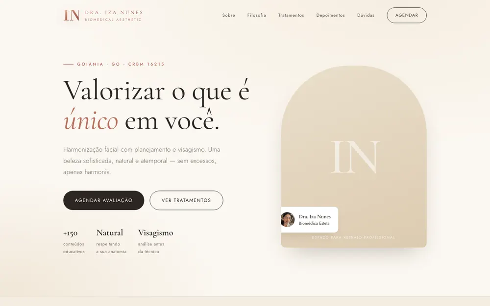 Exemplo de layout: site de clínica de estética, claro e elegante, com tipografia serifada