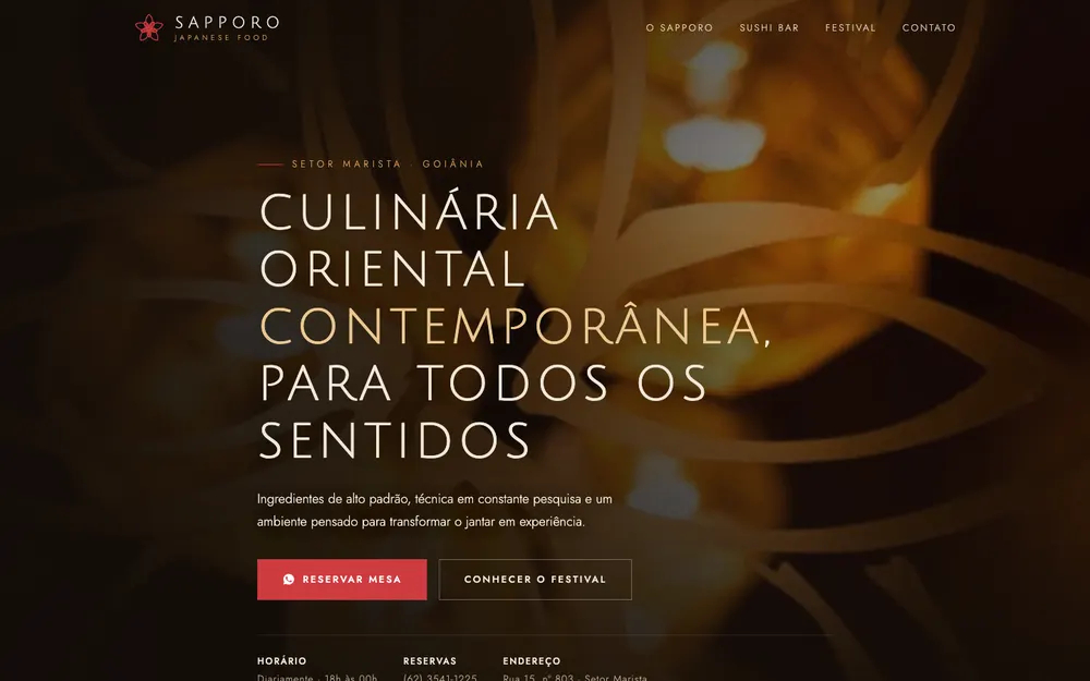 Exemplo de layout: site de restaurante, escuro, com foto do ambiente ocupando a tela inteira