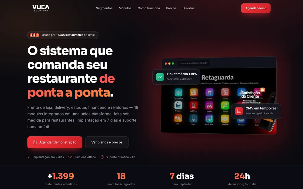 Exemplo de layout: site de sistema de gestão, escuro, com a tela do produto em destaque
